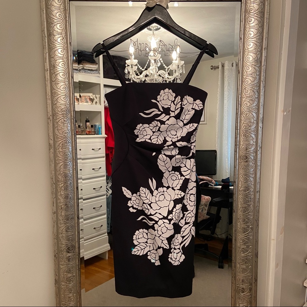 White House Black Market Dress, Black with White Floral Design in Size 2